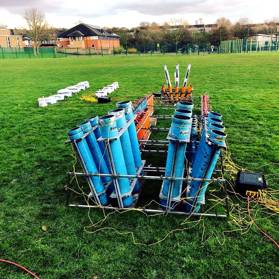 Mortar racks rigged in the field before a display